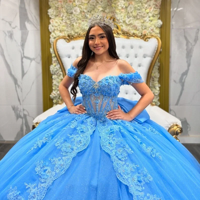 فساتين ANGELSBRIDEP لامعة باللون الأزرق السماوي Quinceanera فستان حفلة مزين بالدانتيل مطرز بالخرز بفيونكة خلفية متدرجة من التل الحلو 16 فستان مخصص