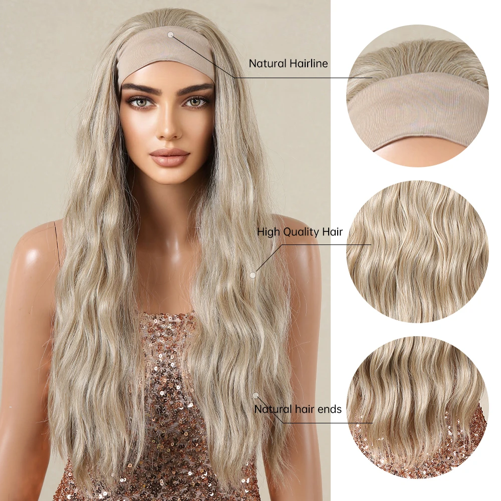 Długa kręcona opaska na głowę Peruki syntetyczne Naturalny popielaty blond Długa damska peruka z pałąkiem na głowę Body Wave Bohemian Hair Peruka