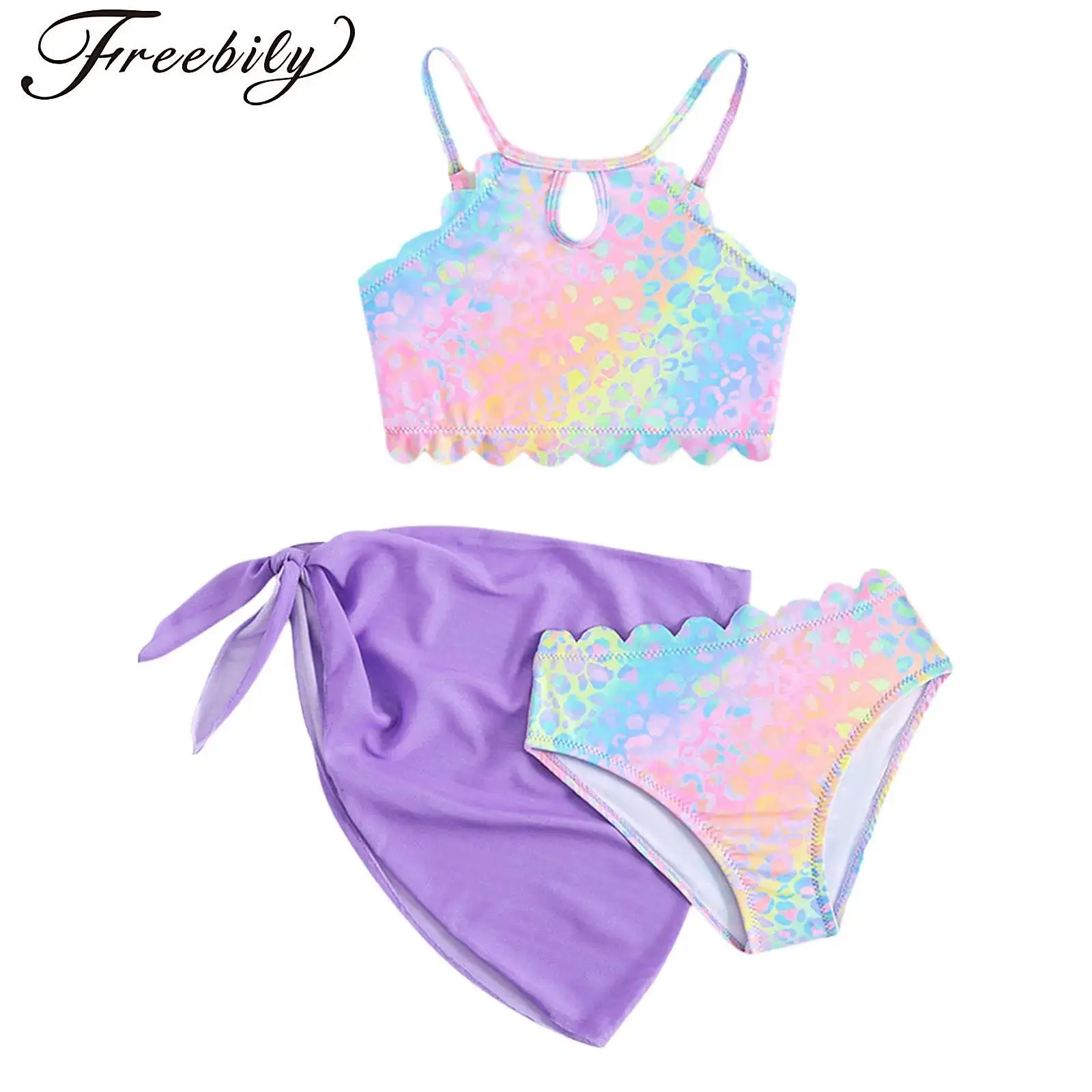 

Kids Girls 3Pcs Sweet Bikini Swimsuits Summer Adjustable Straps Swimwear Side Tie-Up Mesh Cover-Ups Skirt Cutout Top Briefs Suit