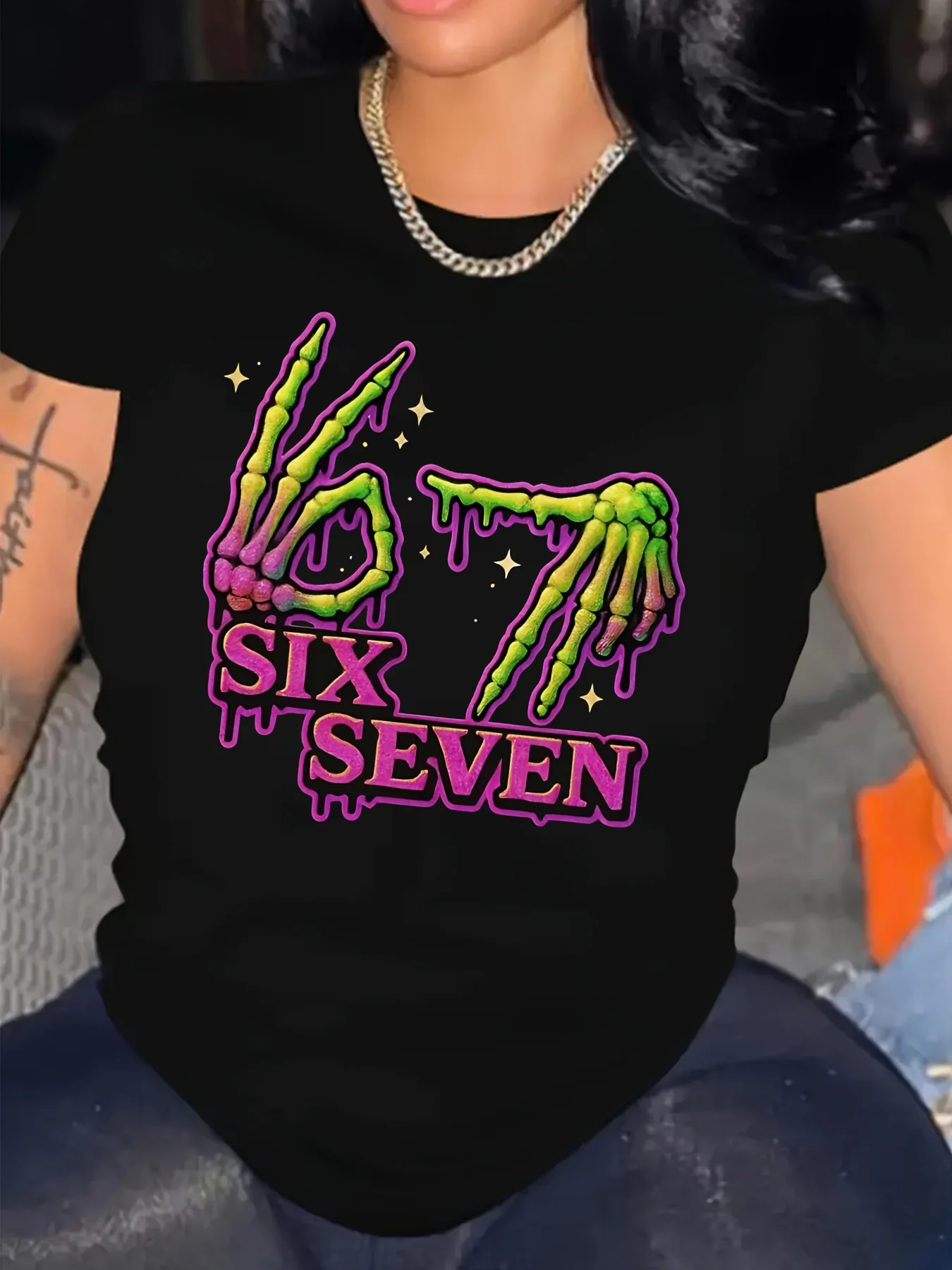 Women's Funny Six Seven Graphic T-Shirt - Neon Green and Pink Dripping Six and Seven Skeleton Hands and Sixtus Joke Design - Loose Casual Short Sleeve Crew Neck Top, Suitable for Parties, ~And Viral Challenges