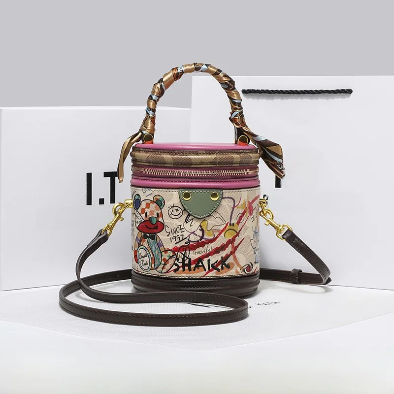 

Charine&Kath Genuine Leather Bucket Bag Women's Stylish Versatile Elegance Handbag Soft Handle British Style round Bag