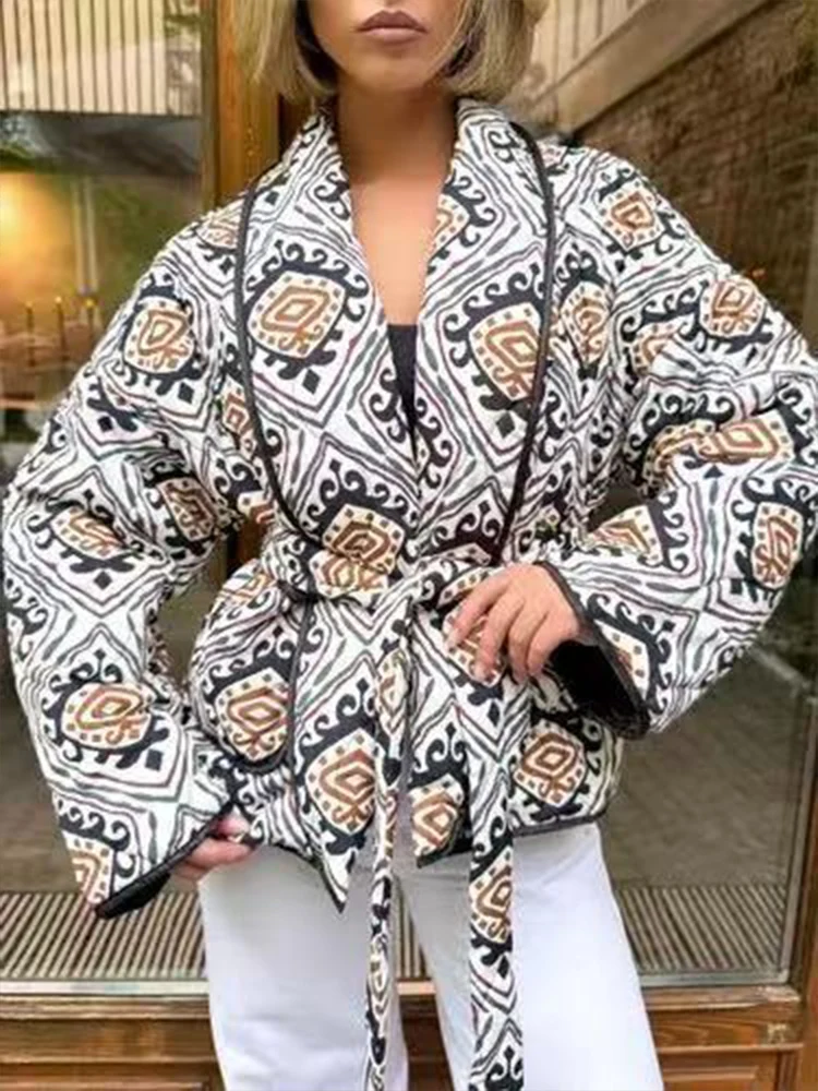 

European style new women's fashion versatile temperament retro loose long-sleeved printed cotton coat