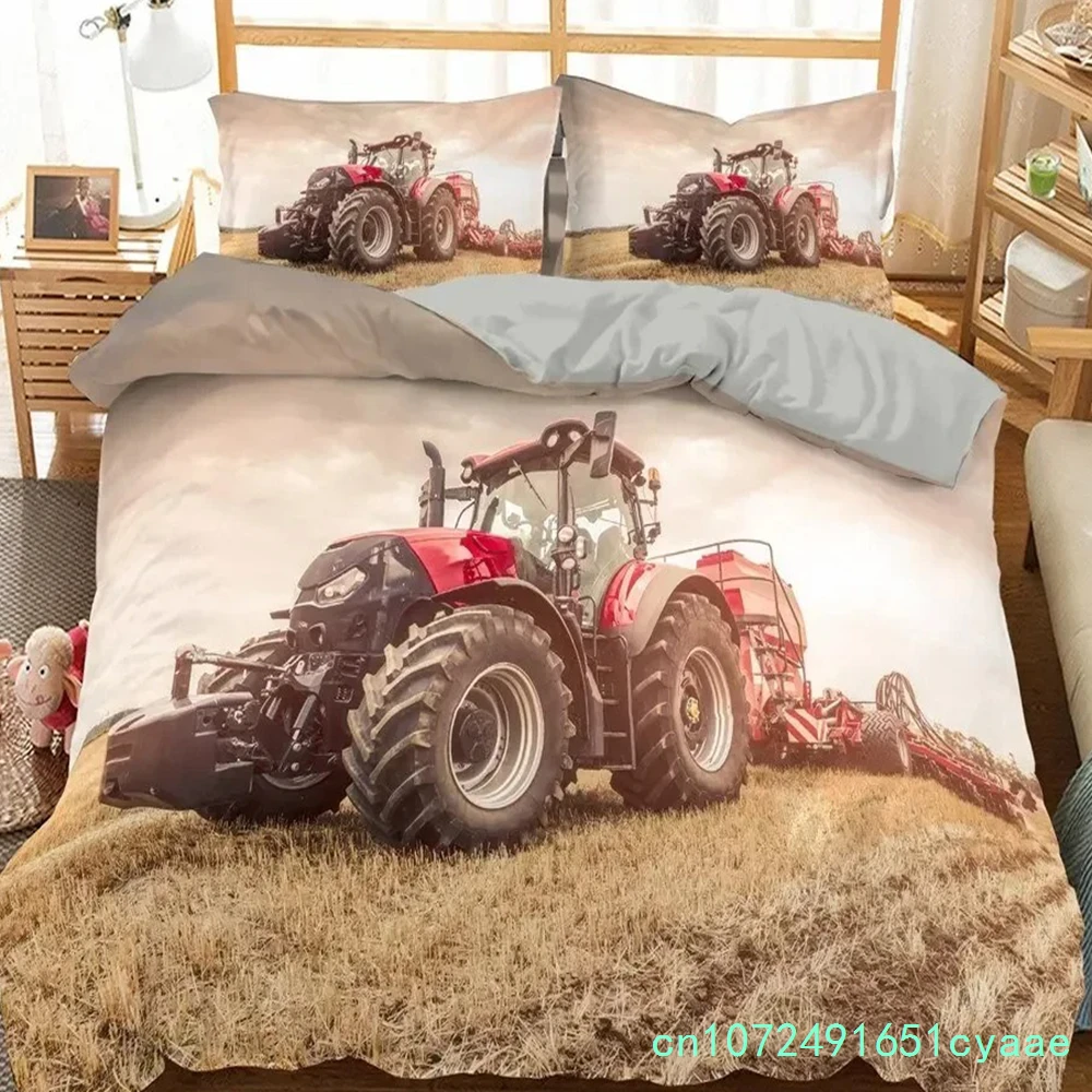 Retro Tractor King Queen Duvet Cover Car Bedding Set Engineering Vehicle Quilt Cover Farm Tool Cart  Polyester Quilt Cover