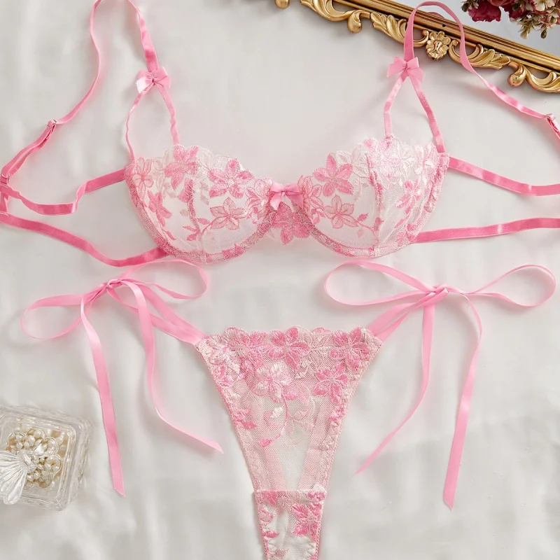 Bikini Strap Bra Flower Embroidery See-through Sexy Seduction Lace Sexy Lingerie Suit