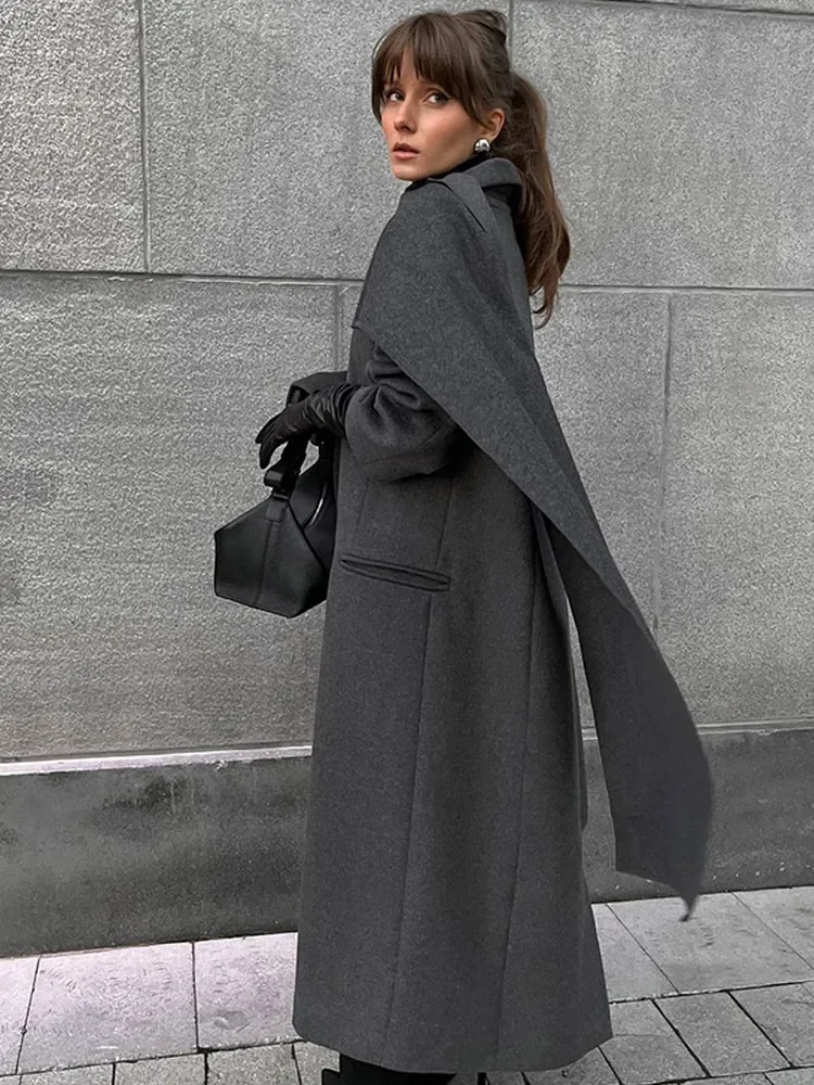 Abrigo de mujer con cuello y bufanda grande de manga larga de gran tamaño a la moda, abrigo elegante liso con bolsillos y doble botonadura, ropa para ir al trabajo 2024