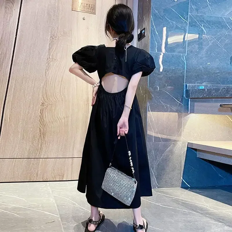 2023 NEW summer kids teenager Girls clothes black boat neck high waist long Backless dress baby fashion 5 6 7 8 9 10 11 12 year