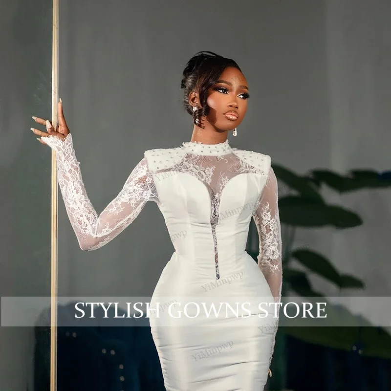Africa Civil Satin Wedding Dresses for Bride 2026 Long Sleeve Tea Length Lace Pearls Aso Ebi Bridal Reception Dress Customized