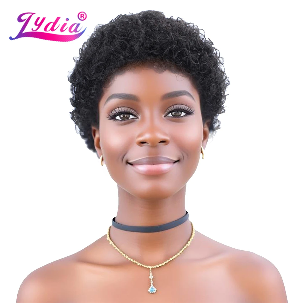 Lydia Synthetic Wigs For Women Short 3Inch Kinky Curl Kanekalon Heat Resistant Fiber Kinky Black Daily&Party Wig