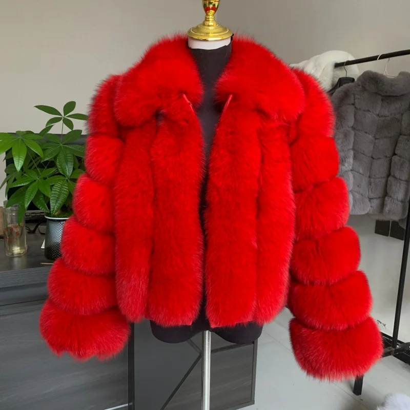 HUAQIUMEISI Real Fox Fur Jacket Women's Winter Elegant Vertical Stripe With Collar Short Style 100% Natural Fox Fur Coat