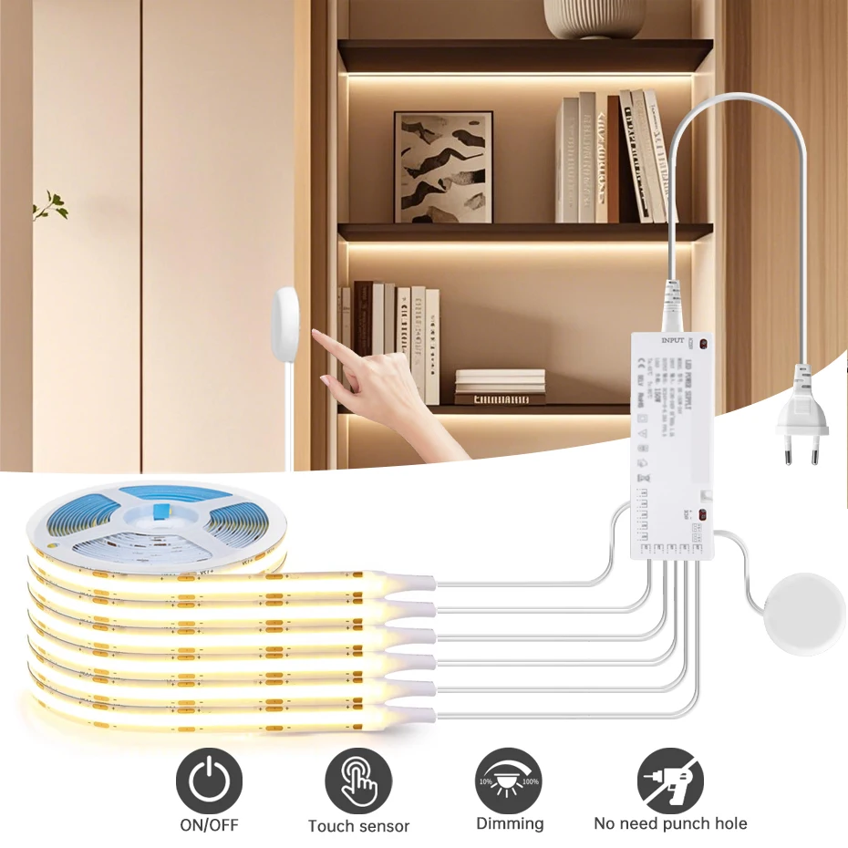 

12V COB LED Strip Light EU AU UK US Plug Under Cabinet Showcase Bookcase Closet Lamp Tape Penetrable Wood Touch Sensor Dimmer