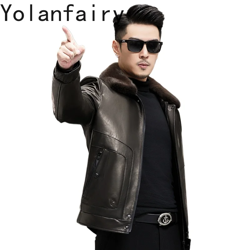 

YOLANFAIRY пуховики из натуральной козьей кожи, мужские зимние роскошные норковые меховые воротники, куртка из 100% натуральной кожи, мужские пуховики
