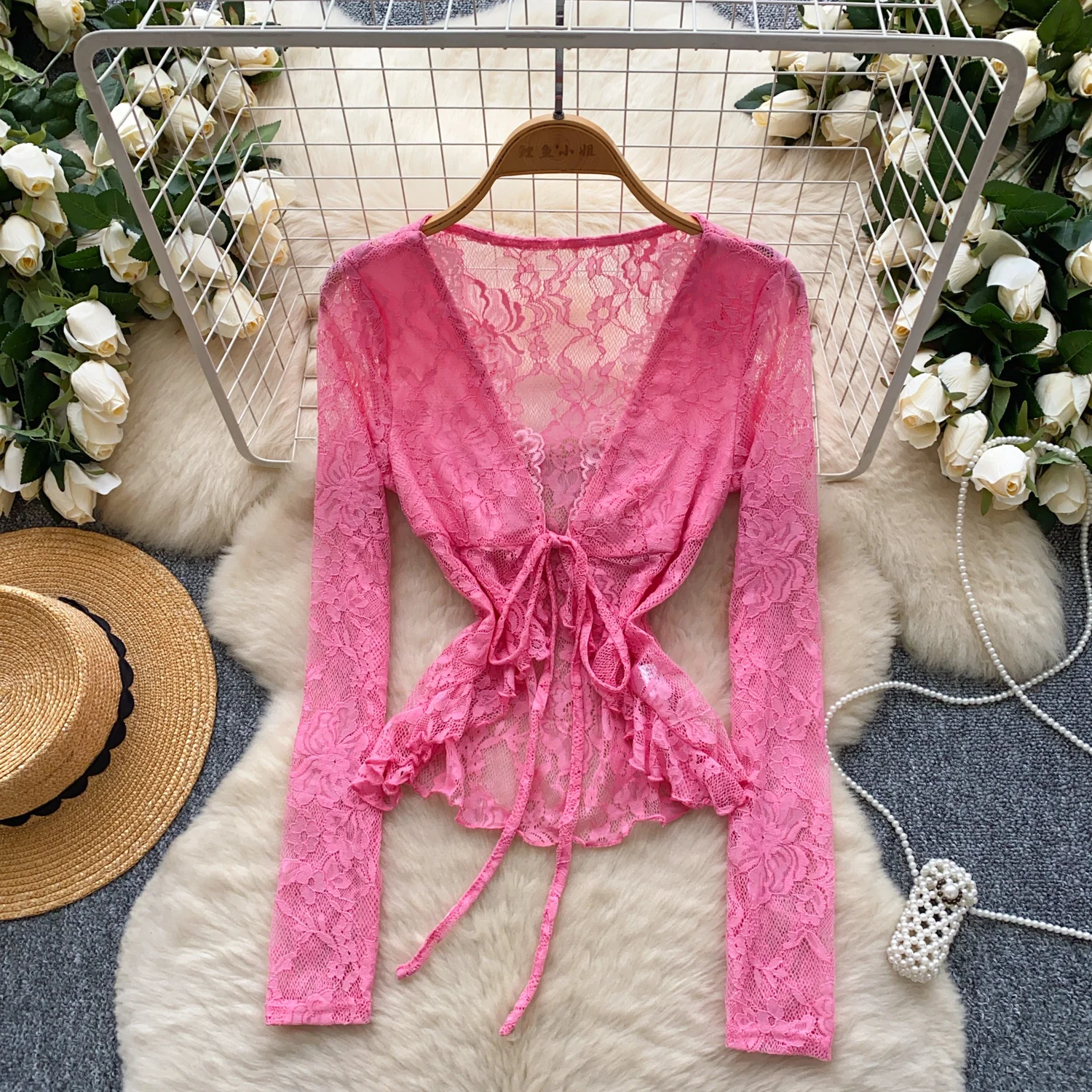 

Women Chic mesh print Slim Sexy Korean T-shirt Fashion Summer Women Shirt Three Quarter cardigan