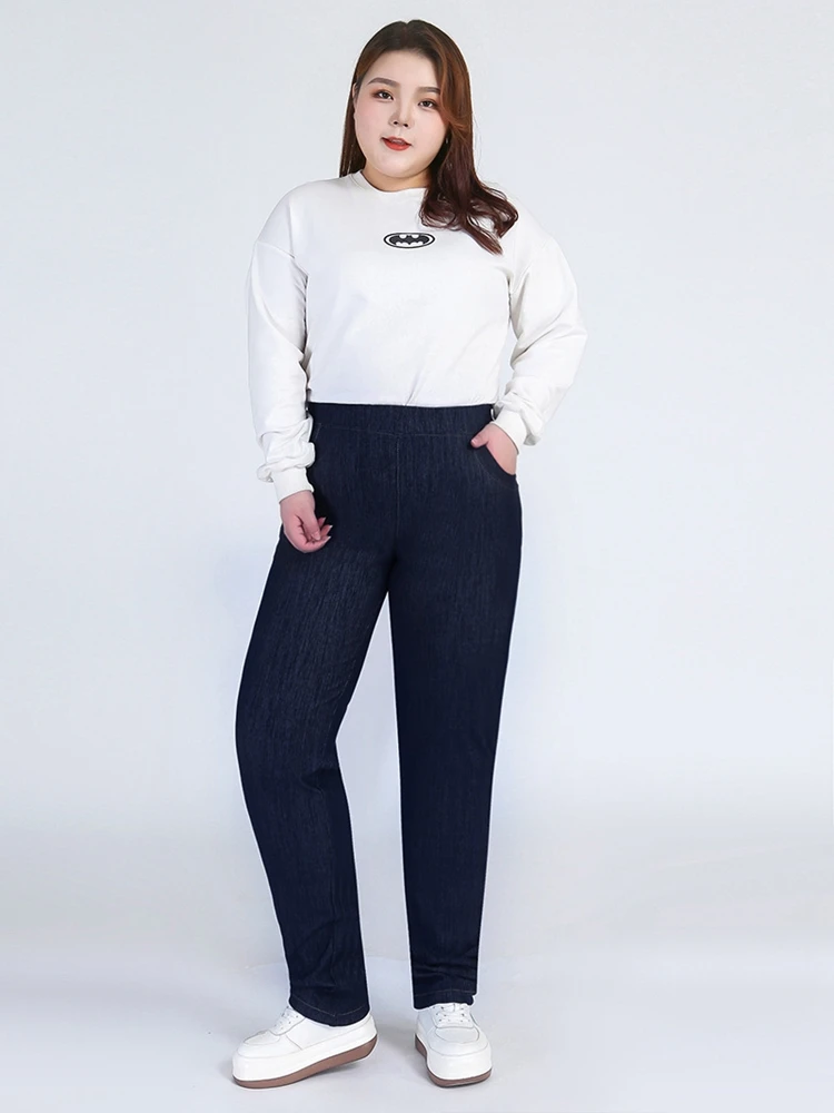 بنطال رصاص مطرز عالي الخصر للنساء، جينز جيب مرن، موضة الخريف، مقاس كبير، 7XL، 8XL، 9XL، طراز جديد.