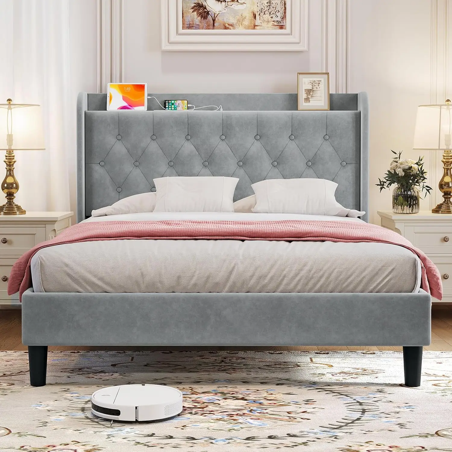 Adjustable soft cushion platform with Type-C and USB ports, storage headboard, no need for box springs, no noise, gray color