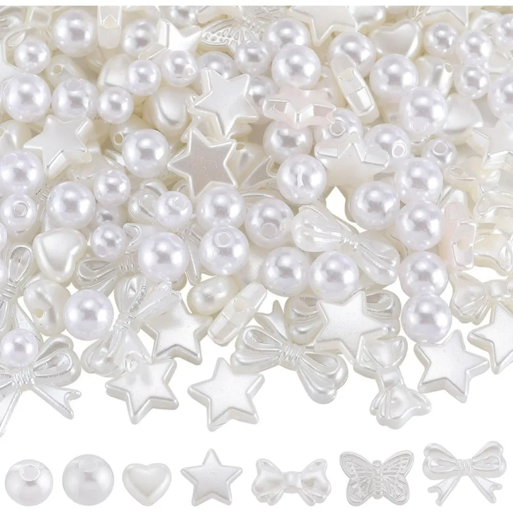 7 Styles 450Pcs ABS Imitation Pearl Beads Bulk Loose White Bead Plastic Heart Star Bowknot Butterfly Round Beginners making kit