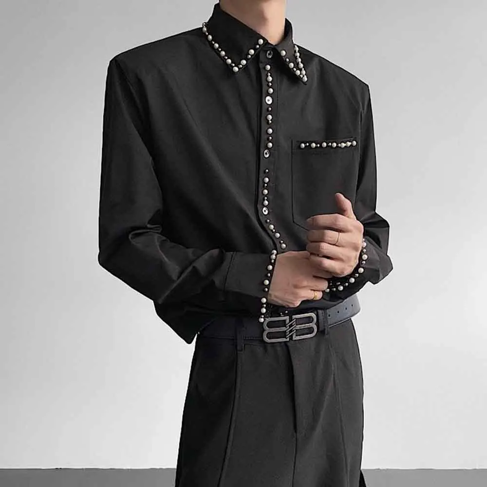 

Mens Autumn Shirt Pearl Padded Shoulders Streetwear Fashion Outdoor Versatile Nightclub Slim Long Sleeved Top Men'S Wear 2025