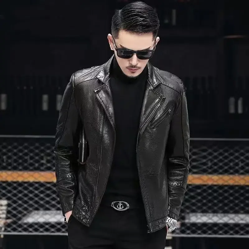 2024 Autumn New Genuine Leather Clothes MenSheepskin Motorcycle Slim Korean Style Suit Collar Leather Jacket Coat