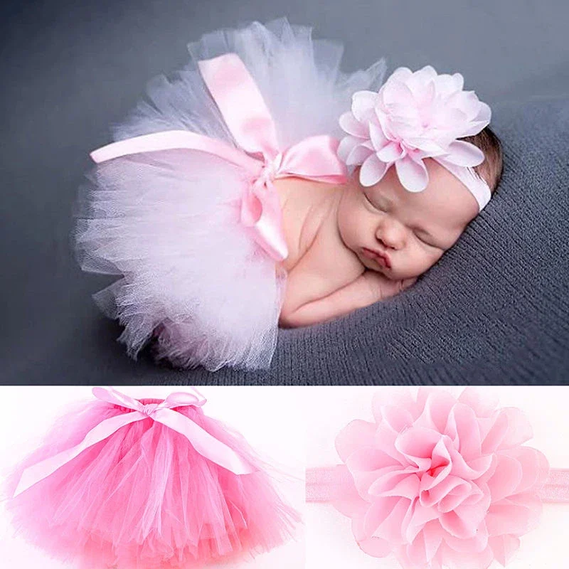 New Baby Newborn Photography Props Cute Princess Infant Costume Outfit with Flower Headband Baby Girl Summer Dress Tutu Skirt