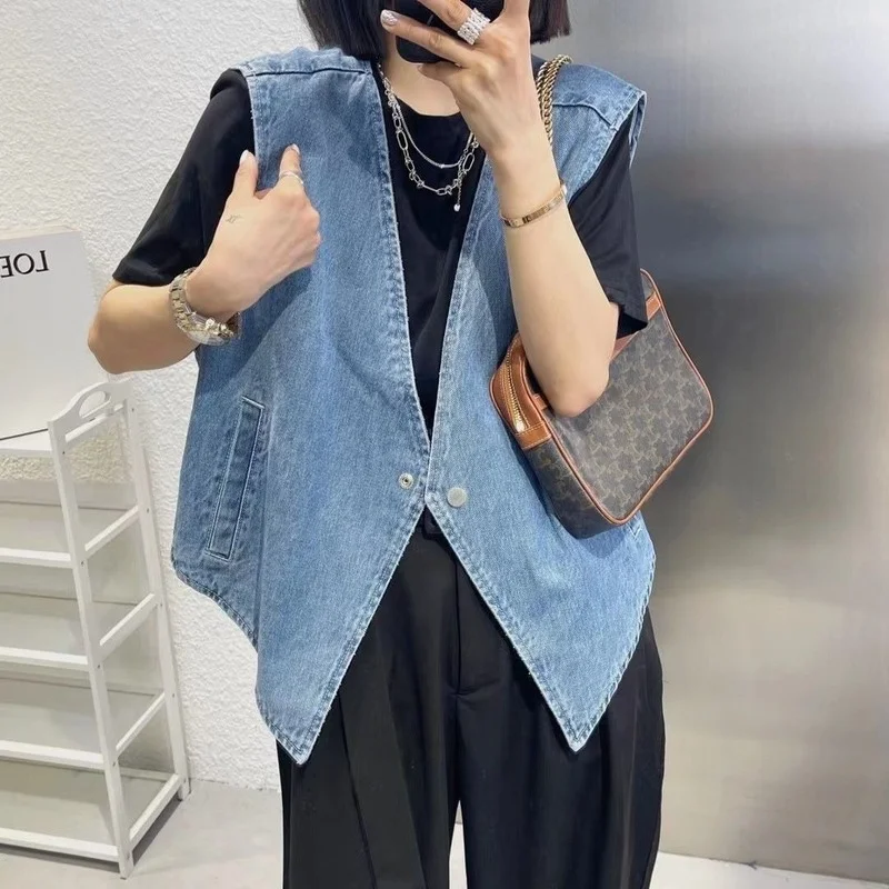 Denim Vests Women Asymmetrical Casual All-match Retro Basic Creativity Korean Style Fashion Daily Loose Summer Students V-neck