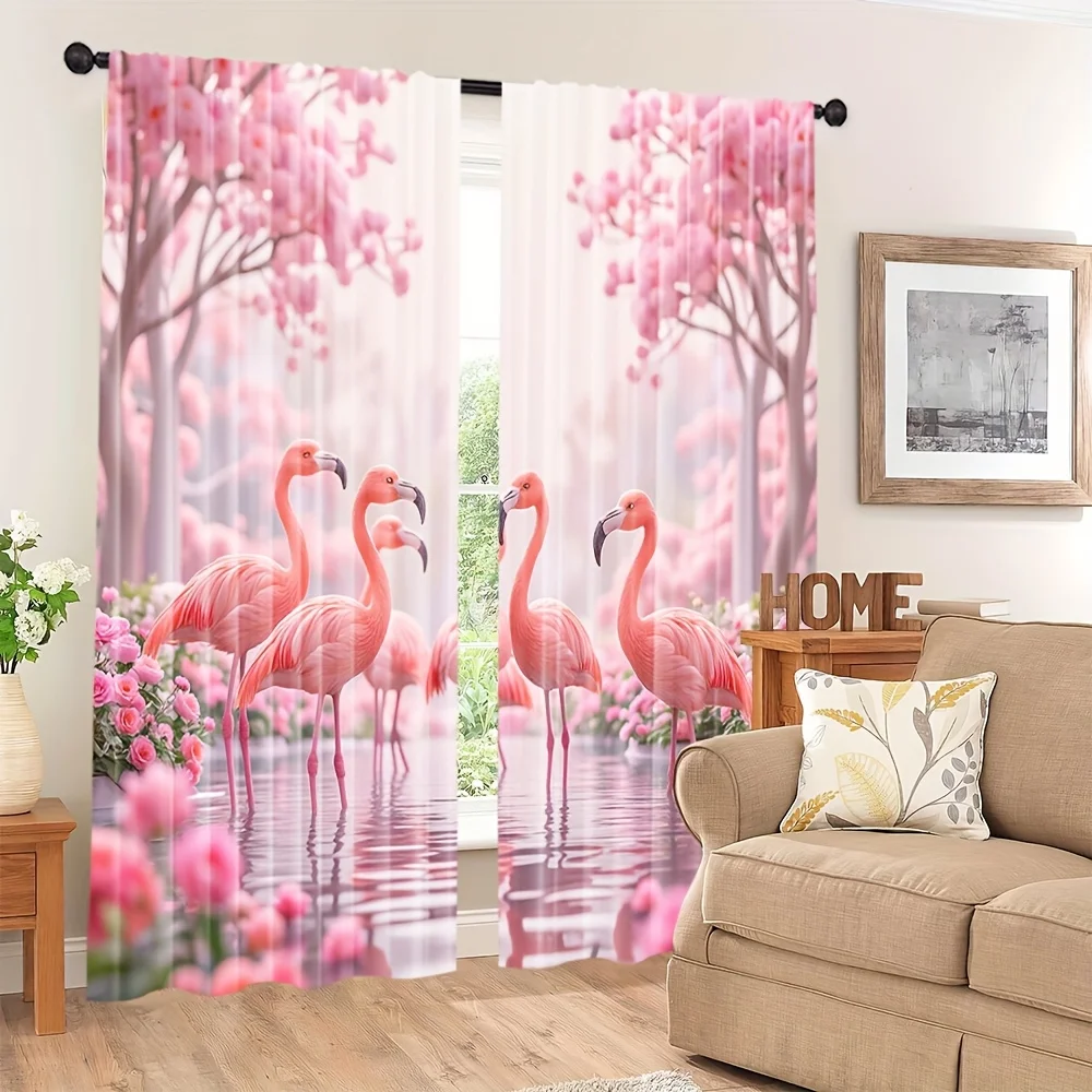 2pcs Pink Flamingo Tree Curtains Peach Skin Polyester Modern Living Room Bedroom Home Decor