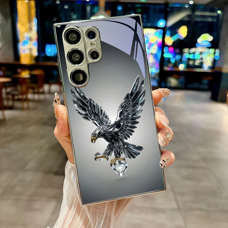 Diamond Eagle Art Silver Phone Case For Samsung A30s/A31/A32/A34/A36/A37/A50/A51/A52/A53/A54/A55/A56/A57/A71/A72/A73 Glass Cover