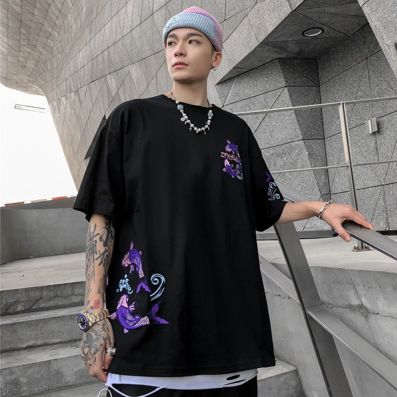 

Chinese Style Koi Embroidery O Neck Short Sleeve Men T Shirt Summer Fashion Casual Loose Tops Tee Punk Couple Clothes Streetwear