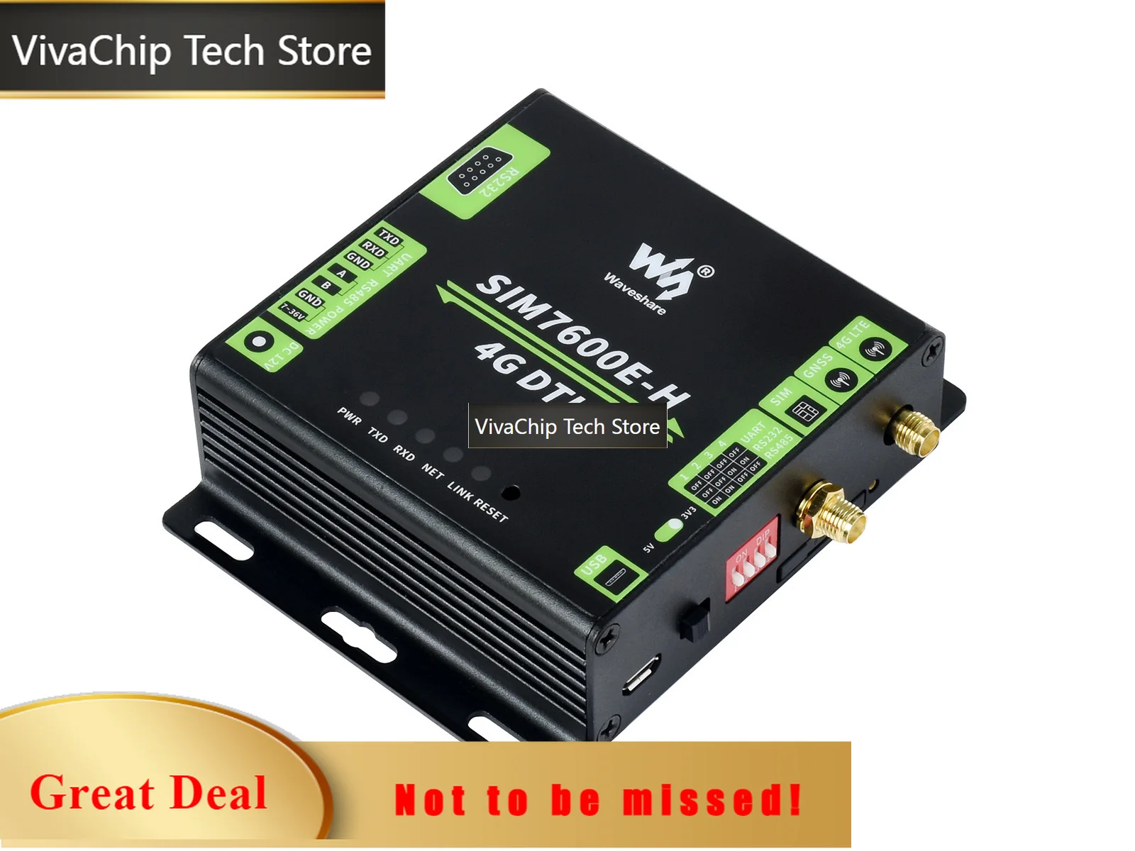 VivaChip TechWaveshare Industrial Grade SIM7600E-H 4G DTU, RS232/485/TTL To 4G LTE, GNSS