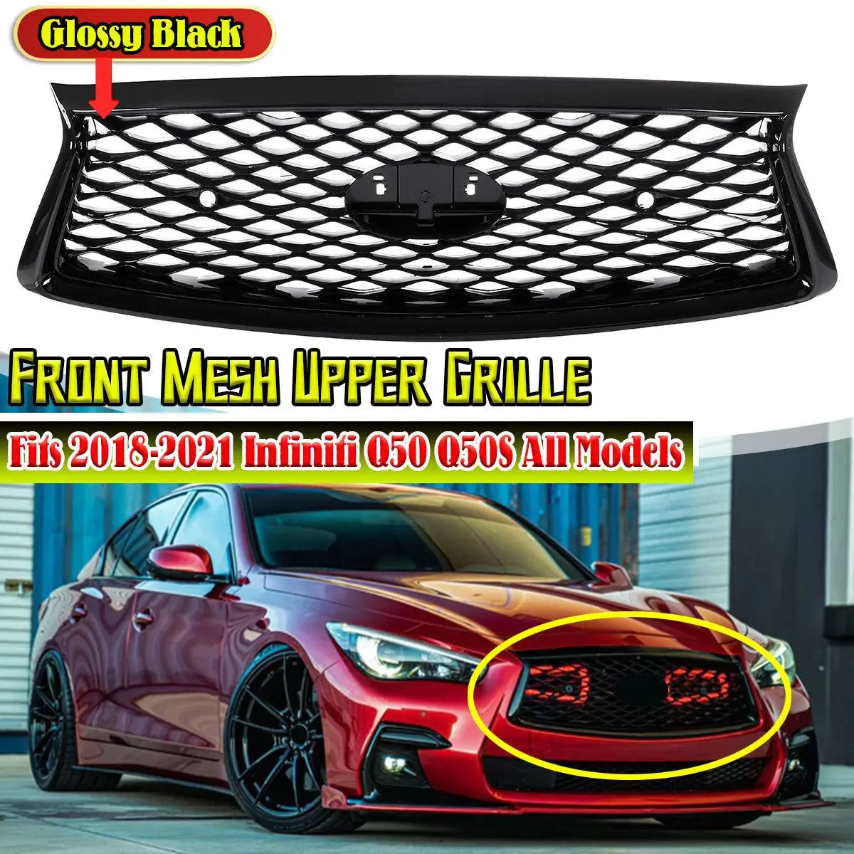 

Front Grille For Infiniti Infiniti Q50 Q50S 2018-2021 ABS Glossy Black Replacement Bumper Hood Mesh Kit Grill