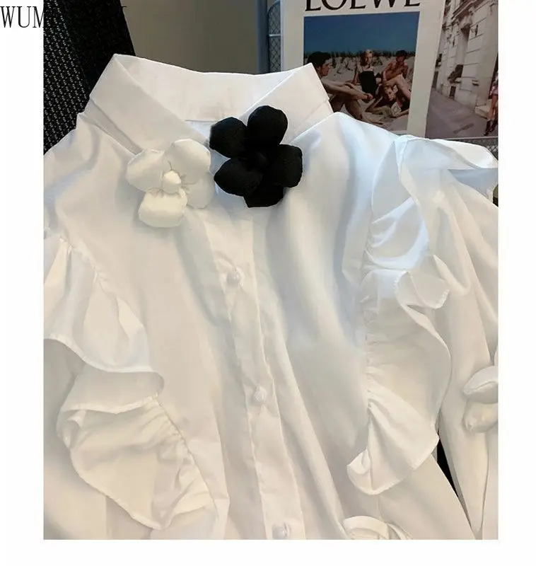 Französisches, schickes, luxuriöses, langärmliges Hemd mit Blumenmuster für Damen im Frühling, lockeres Jackenoberteil im Hofstil