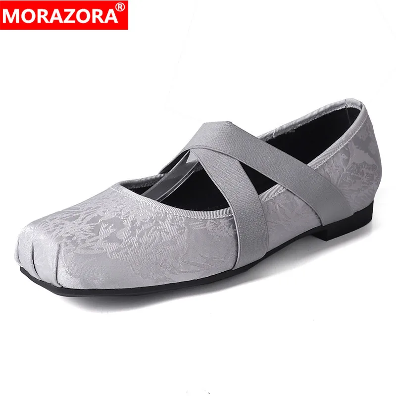 

MORAZORA 2024 New Silk Chinese style Women Shoes Mary Janes Flat Shoes Woman Square Toe Ballet Shoes Handmade Ladies Flats