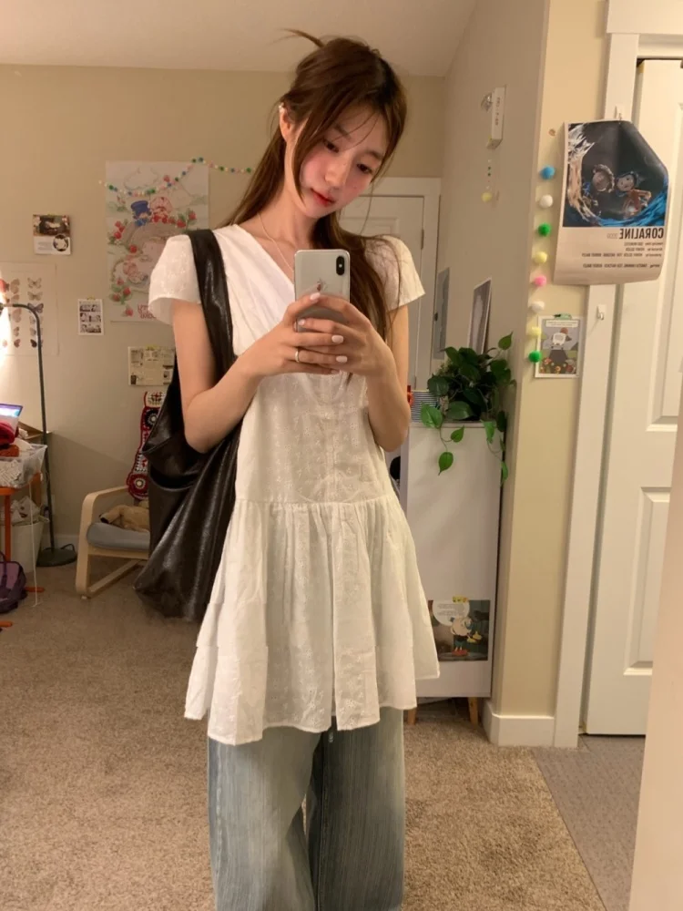 Retro koreański styl, swobodny, ażurowy, z koronkowym wykończeniem, zapinany na guziki, wyszczuplający, uniwersalny, z wysokim stanem, idealny do pracy, na wiosnę i lato...