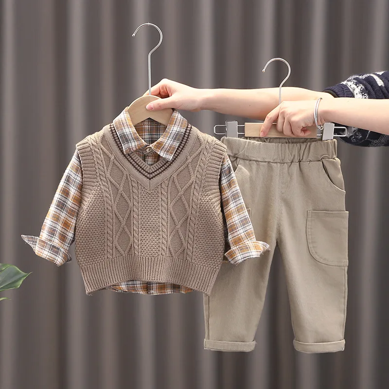 2023 Spring Autumn 3PCS Boys Clothing Set Baby Boys Sweater Vest Long-sleeve Shirts Cargo Pants Clothes Set Infant Children Suit