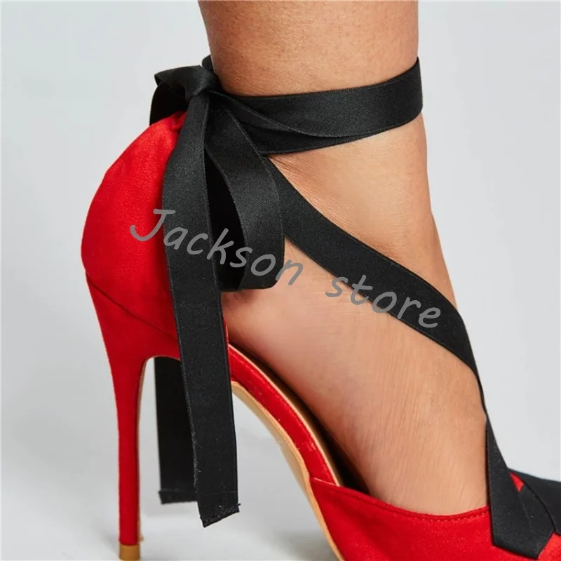 Sapatos de salto alto stiletto vermelho pontiagudos para mulheres, bombas sexy, alça cruzada, sandálias elegantes, vestido de noiva, banquete, sapato feminino