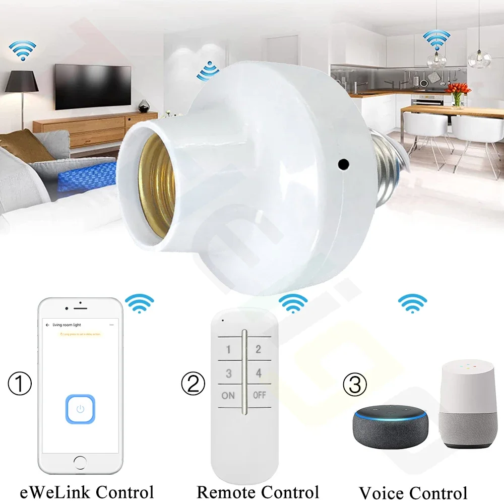 Tedeligo EWelink WiFi E27 Socket Base Smart Bulb Lamp holder,2.4GHz AC 110 220V Light Remote Control Switch,Support Alexa Google