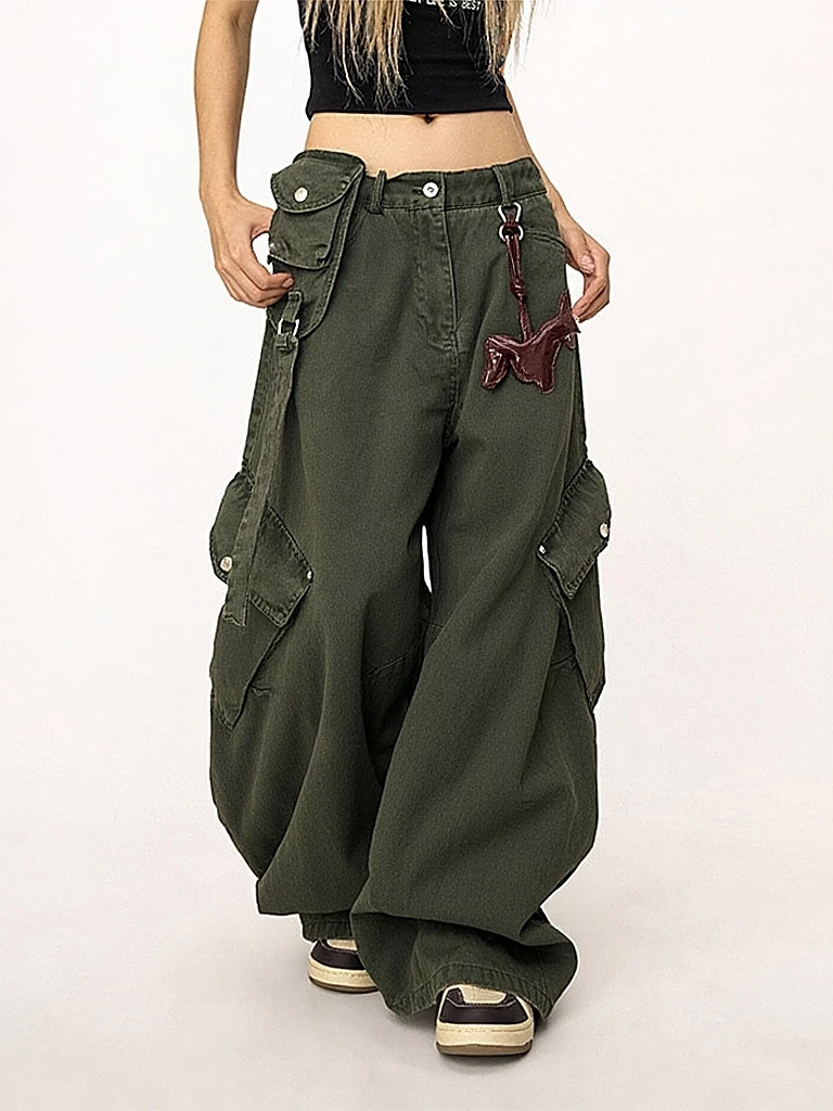 

Рабочие брюки в стиле милитари, женские свободные широкие брюки с ножом, дизайн Sense, осенний сезон, винтажные брюки Sle ket, деталь