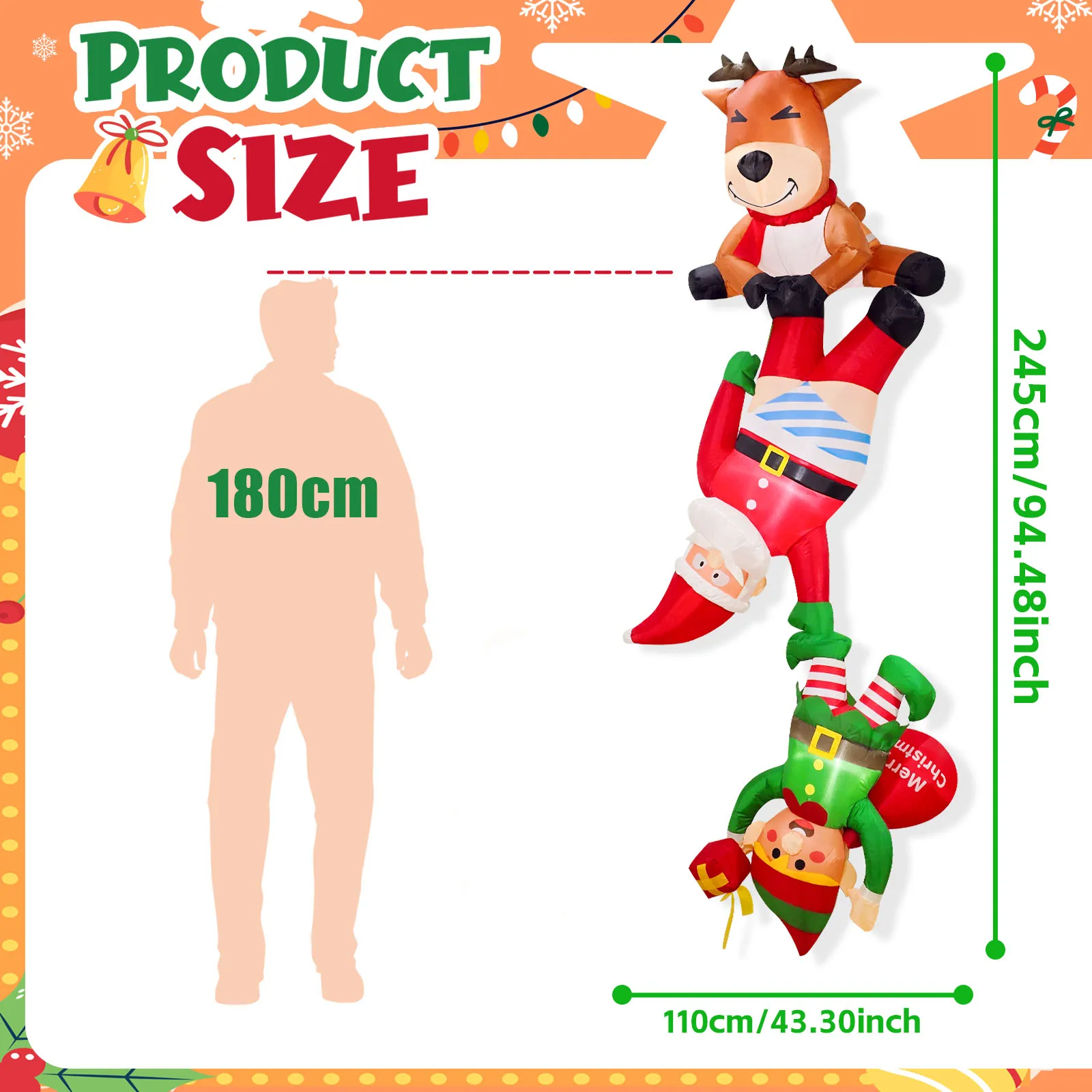 8FT Inflatable Christmas Decorations Outdoor, Funny Christmas Inflatables Reindeer Pulling Climbing Santa and Falling Elf Decor - view 2