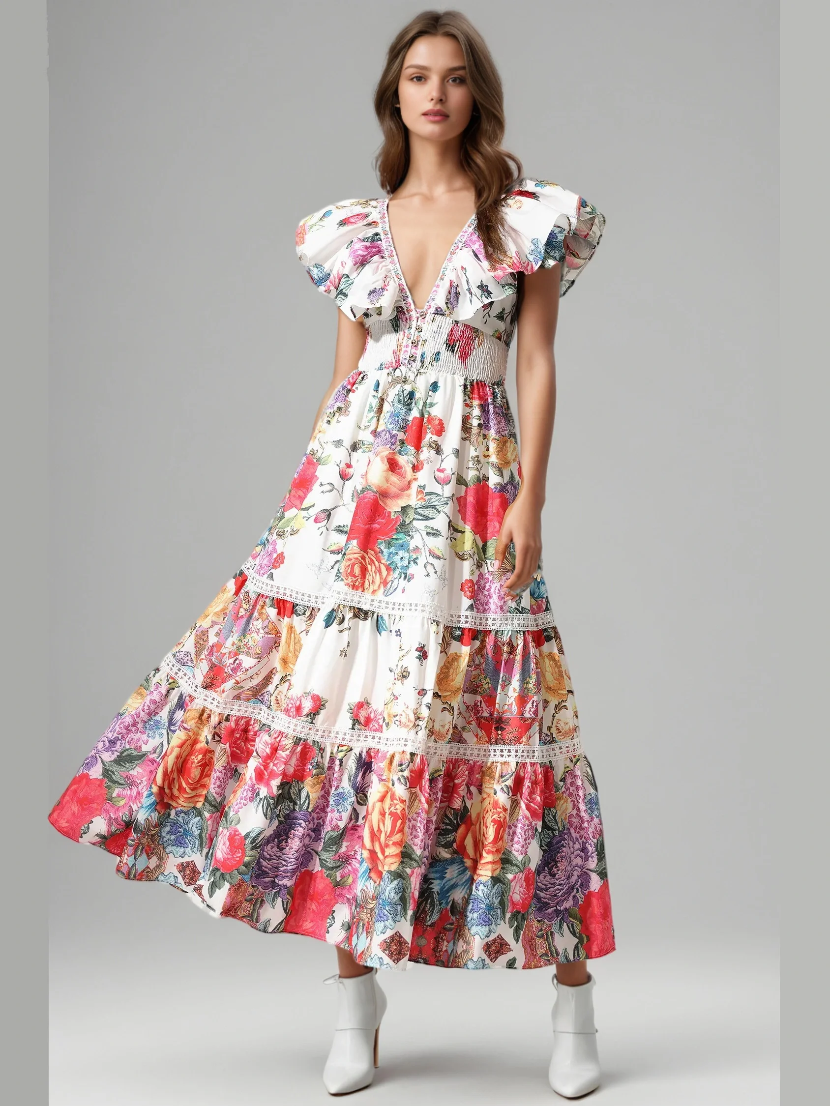 Elegante Vestido Maxi Floral con Espalda Descubierta y Mangas con Volantes, Estilo Boho Vintage, Vestido de Verano para Invitadas de Boda, Vestidos Chic para Mujer