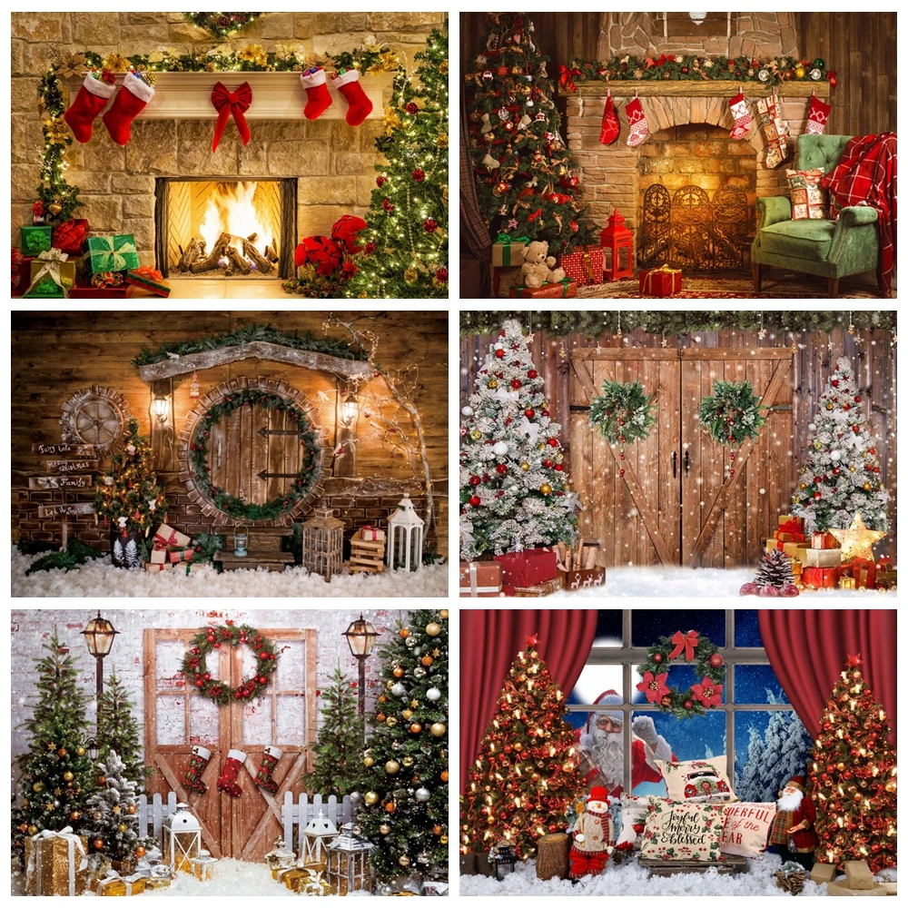 

Merry Christmas Photography Backdrop Xmas Tree Fireplace Santa Gift Window Family Baby Portrait Photo Background Decor Studio