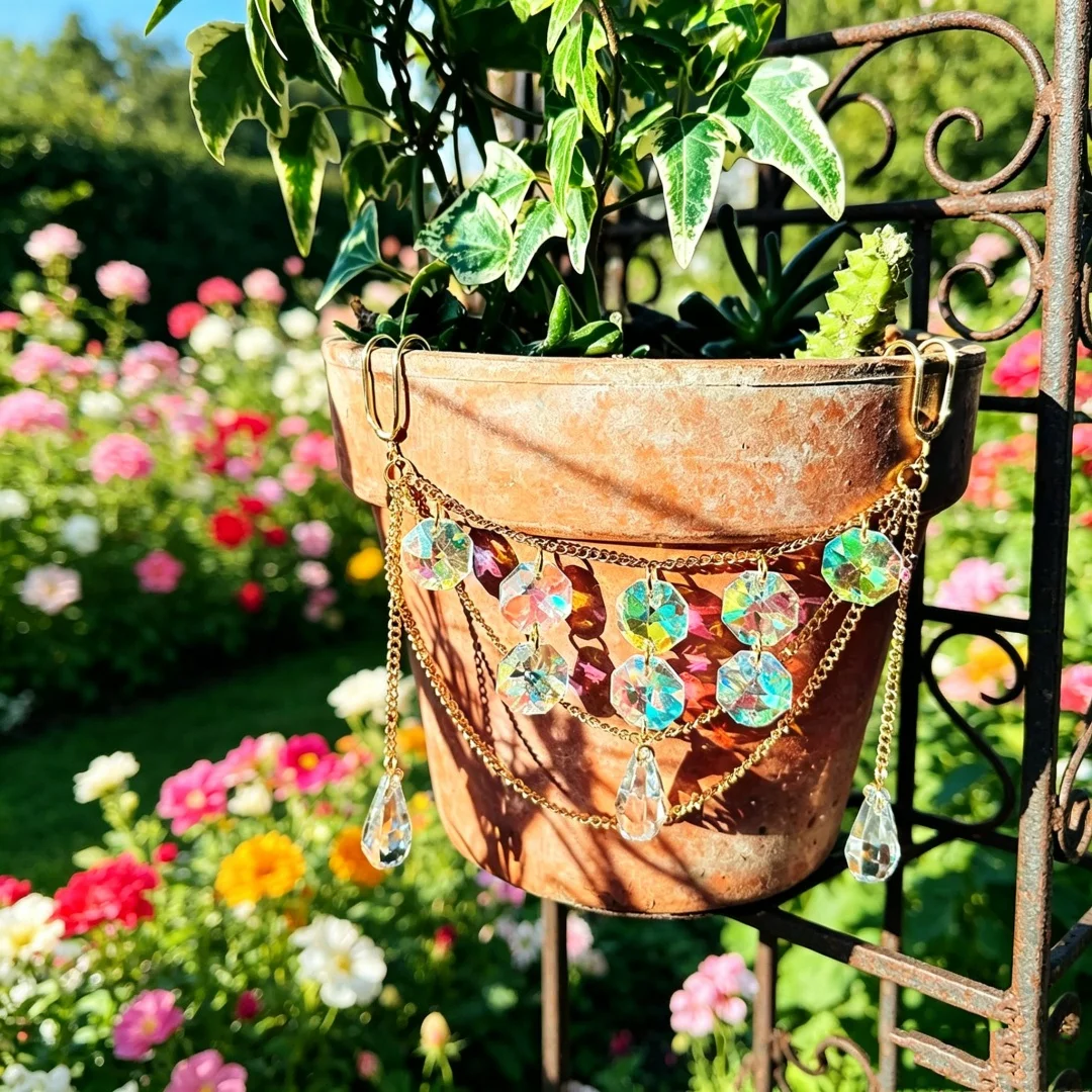 1set Water Drop Crystal Sun Catcher Hanging Chain For Flower Pot Iridescent Prism Glass Bead Golden Hook Chain Home Garden Balcony Potted Plant Aesthetic Decor