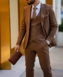 High Quality Brown Male Tuxedo Wedding Business Spring Autumn Bespoke Men's Suits 3 Pieces Jacket+Pants+Vest Trajes De Hombre