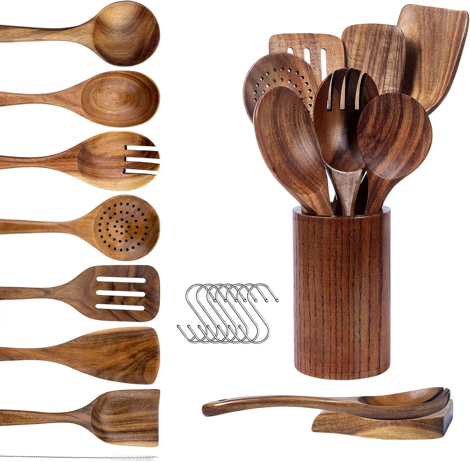 

Teak Wood Cooking Utensils Set - 9-Piece Nonstick Safe Kitchen Utensils with Holder, Spoon Rest & 6 Metal Hooks, Natural