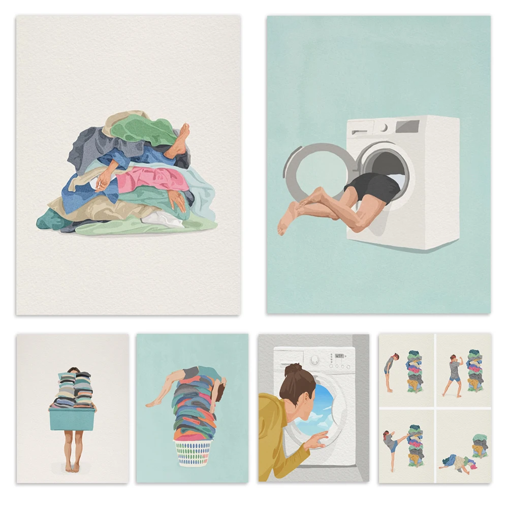 Laundry day, pile of laundry, laundry basket, mom and laundry room, folding laundry illustration, laundry room decoration poster
