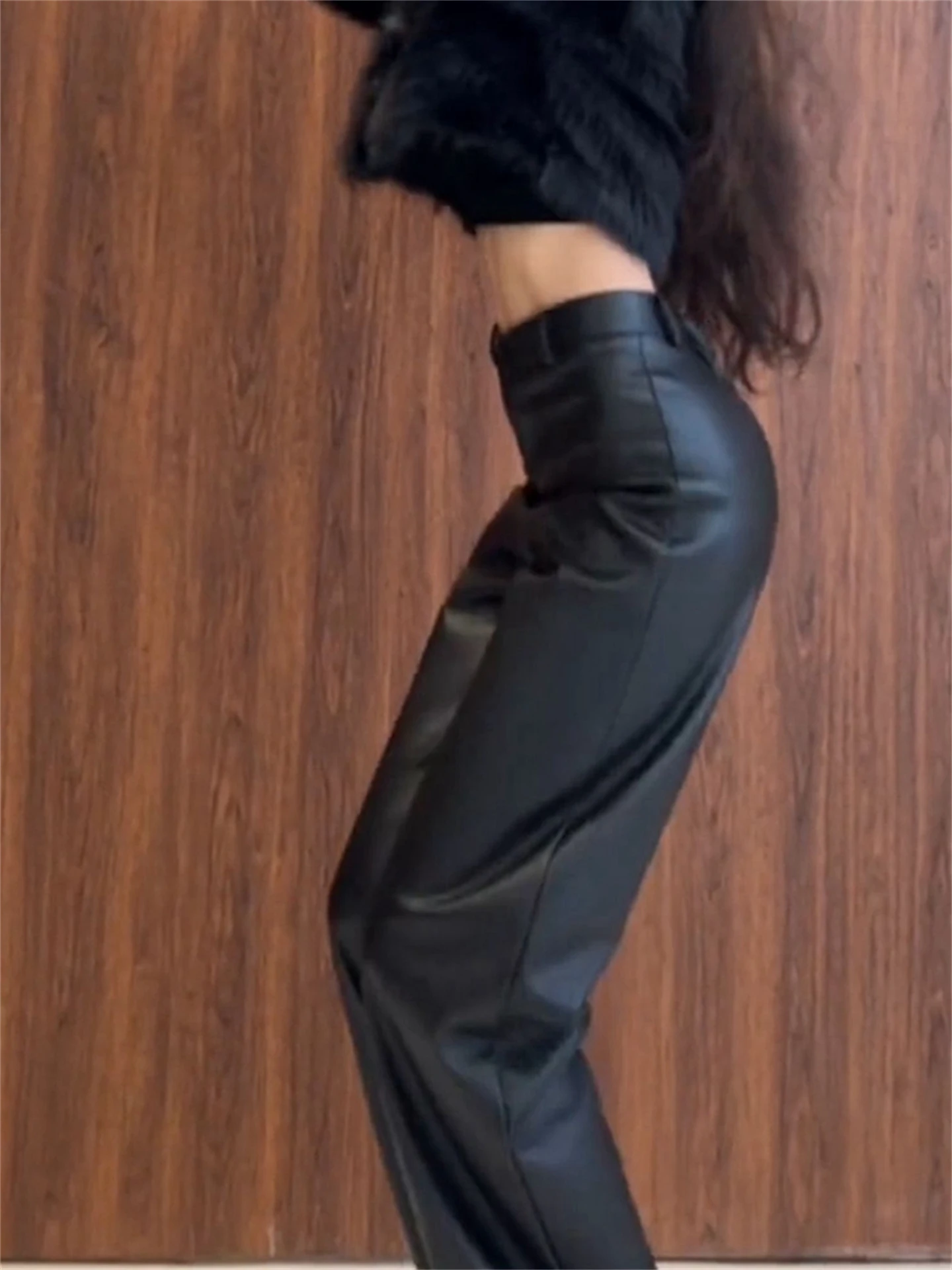 بنطلون نسائي أسود كاجوال من الجلد الصناعي، واسع الساق وطويل يصل للأرض، تصميم جديد للخريف والشتاء، أنيق ونحيف #4