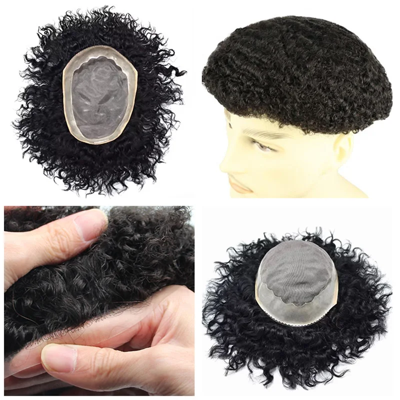 Perruques de cheveux humains bouclés profonds pour hommes, prothèse capillaire, mono NPU, boucles d'eau, toupet, systèmes d'échappement, afro, perruque ondulée