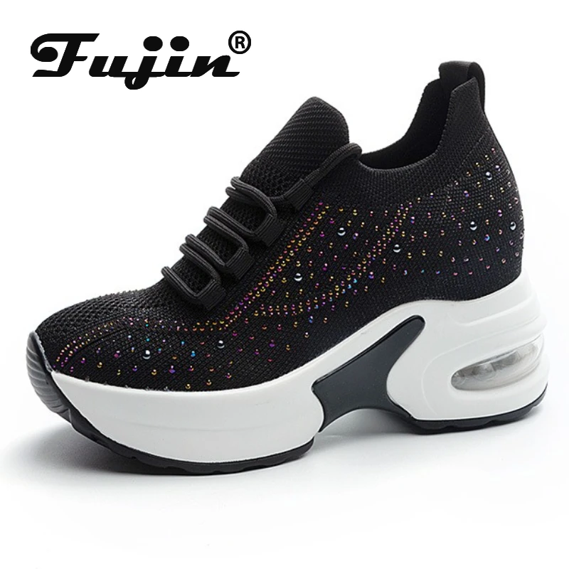 

Fujin 8 см 2025 г. воздушная сетка из микрофибры, вулканизированные массивные кроссовки на шнуровке, женская обувь, модная кожаная обувь на плоской подошве, на танкетке