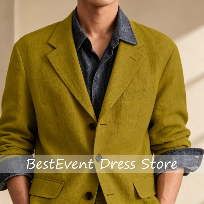 Men's Linen 2 Piece Set Notched Lapel Loose Fit Blazer Trousers Lightweight Breathable Spring Business Daily Wear Customized