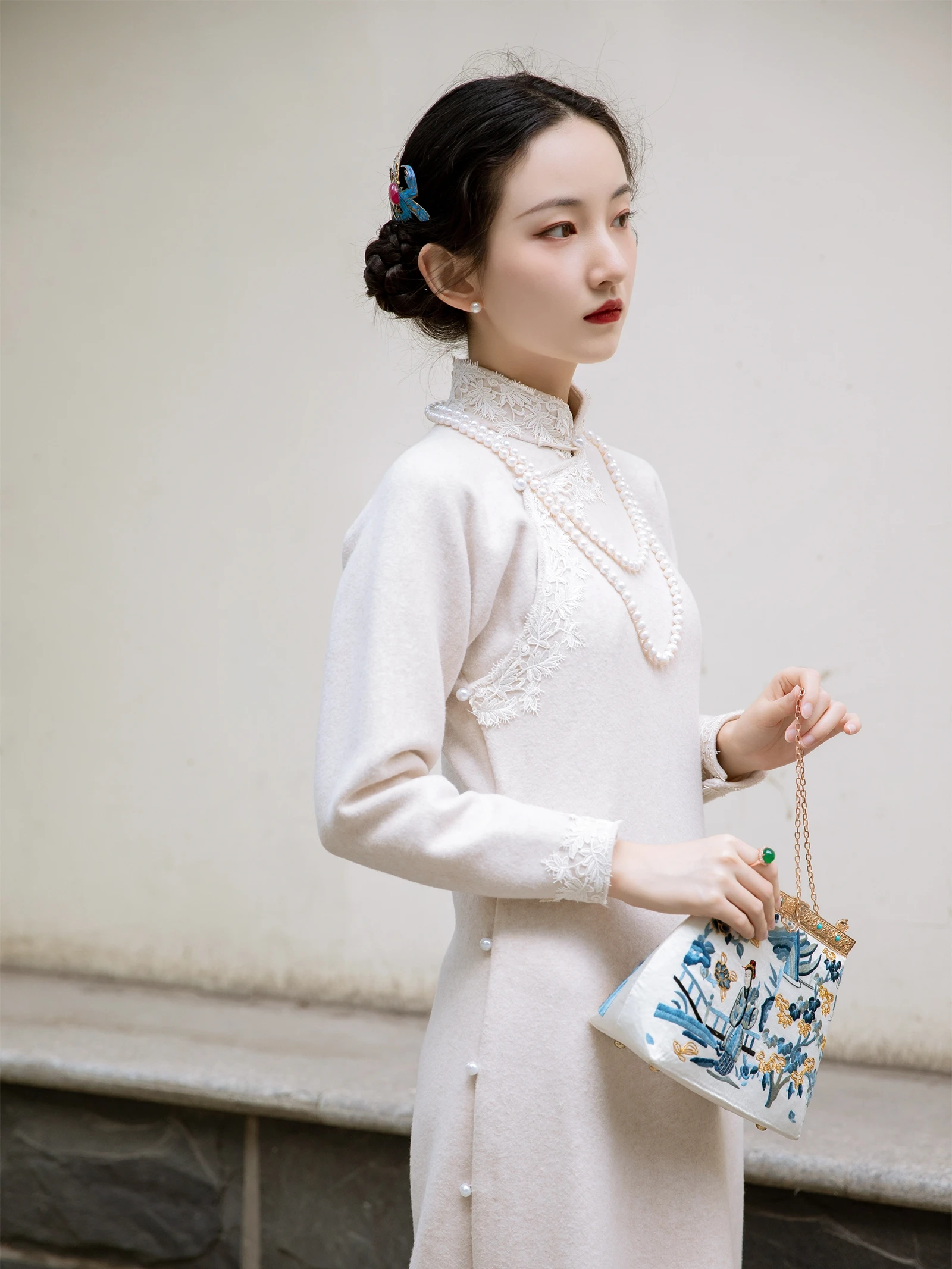 

Длинное пальто с кружевной отделкой в стиле ретро, осень-зима-весна, сезонное шерстяное пальто Qipao Dr Classic Chinese Faion