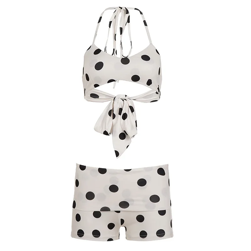 

Women Black White Polka Dot 2 Piece Bikini Set Halter Neck Crop Top Low Rise Shorts Swimsuit Y2K Summer Beach Bathing Suit