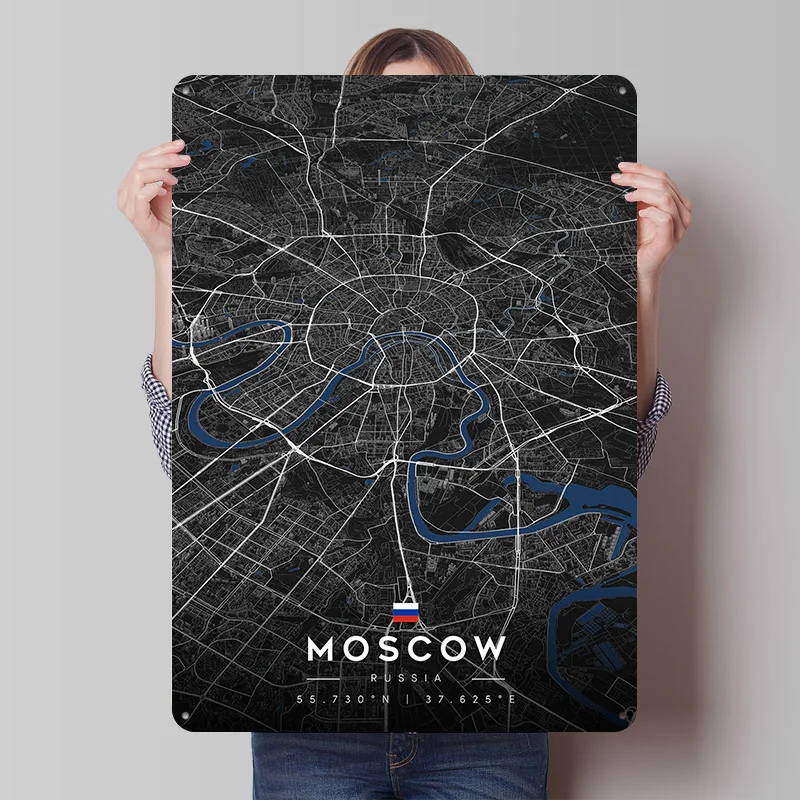 Moscow Russia City Map Art Tin Sign Wall Art Poster Vintage Retro Metal Signs for Home Decoration Living Room Decoration Gaming