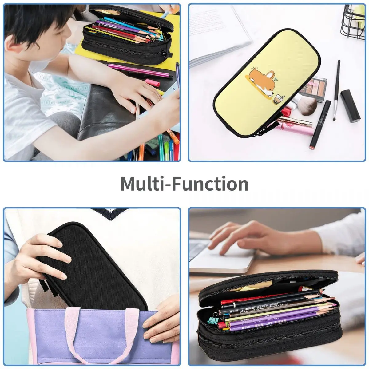 Corgi And Bubble Tea Pencil Cases Large Storage Pen Bags Pen Box Pencil Pouch For Boys Girls Students Stationery School Office